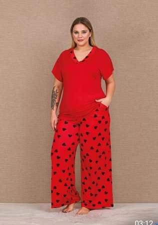 Lady Kırmızı Kalp Desenli Kısa Kol Kadın Büyük Beden Pijama Takımı 2XL