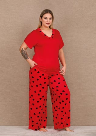 Lady Kırmızı Kalp Desenli Kısa Kol Kadın Büyük Beden Pijama Takımı 2XL