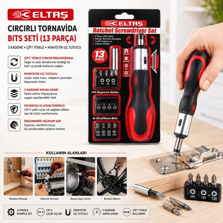 13pcs Silikon Sap - Cr-v Cırcırlı Tornavida Bits Seti 3 Kademe - Çift Yönlü - Manyetik Uç Tutucu Bx40