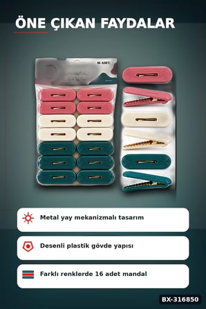 Plastik Çamaşır Mandalı 16 Adet - Renkli Kabartma Desenli Kurutma Mandalı BX-316850