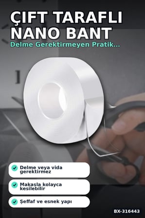 Nano Bant Çift Taraflı Su Geçirmez Güçlü Tutucu Montaj Bandı 2 m x 3 cm BX-316443