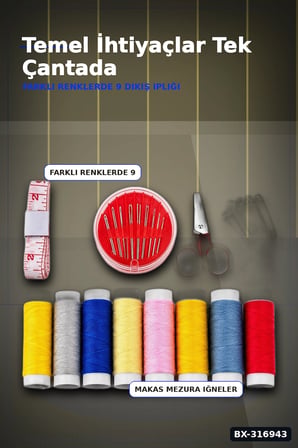 Çantalı Dikiş Seti İplik Mezura Tekstil Makası İğne ve Yüzük Tamir Kiti BX-316943