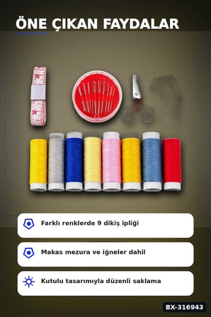 Çantalı Dikiş Seti İplik Mezura Tekstil Makası İğne ve Yüzük Tamir Kiti BX-316943