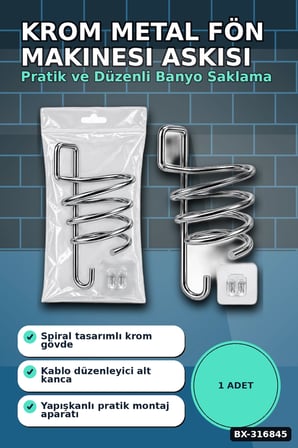 Fön Makinesi Askısı Krom Metal Banyo Fönlük Kendinden Yapışkan Askı Aparatı BX-316845