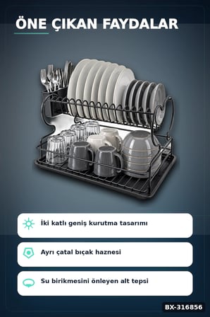 Çift Katlı Bulaşıklık Metal Lux Tabaklık, Mutfak Tezgah Üstü Düzenleyici BX-316856