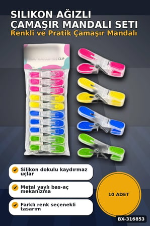 Silikon Ağızlı Şeffaf Plastik Mandal Seti, Bas Aç Pratik Çamaşır Mandalı 10 Adet BX-316853