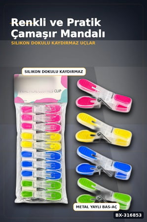 Silikon Ağızlı Şeffaf Plastik Mandal Seti, Bas Aç Pratik Çamaşır Mandalı 10 Adet BX-316853