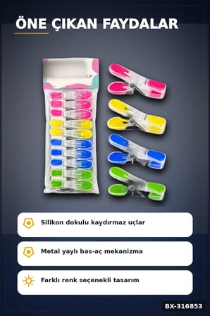 Silikon Ağızlı Şeffaf Plastik Mandal Seti, Bas Aç Pratik Çamaşır Mandalı 10 Adet BX-316853
