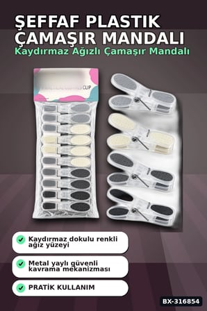 Silikon Ağızlı Şeffaf Plastik Çamaşır Mandalı - Bas Aç Mekanizmalı Renkli Mandal BX-316854