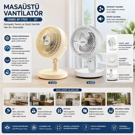 Bej 12 Inc Ev - Ofis Kompakt - Sessiz - İki Kademe Masaüstü Vantilatör Sf-7703 Bx40