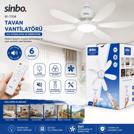 3 Led Aydınlatmalı - Sessiz Çalışma 6 Kanat - Kumanda Tavan Vantilatör Sf-7708 Bx40