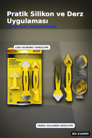 Silikon Kazıyıcı ve Derz Malası El Aleti Seti 3 Parça Tadilat Uygulama BX-316895
