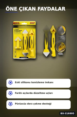Silikon Kazıyıcı ve Derz Malası El Aleti Seti 3 Parça Tadilat Uygulama BX-316895