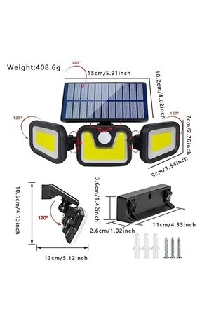 Üçlü Solar Led Projektör – Beyaz Işık – Sensörlü Dış Mekân Aydınlatma Bx40