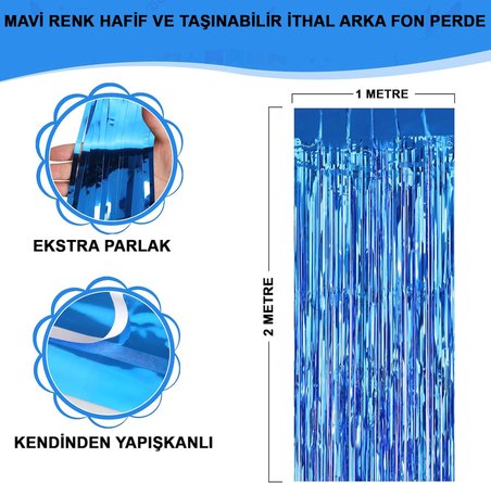 Mavi Renk Ekstra Metalize Parlak Saçaklı Arka Fon Perde İthal A Kalite 1x2 Metre Bx40