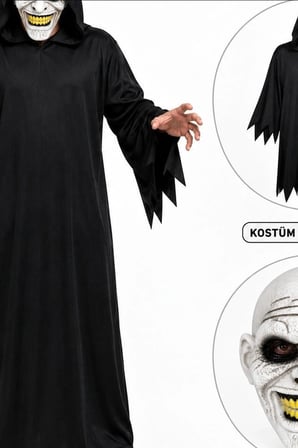 Korku Kostümü Maskeli 140 cm Yetişkin Parti Kıyafeti Seti, Siyah Elbise BX-316937