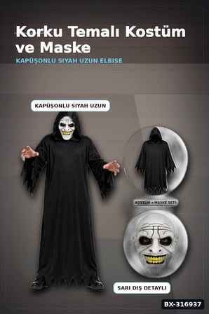 Korku Kostümü Maskeli 140 cm Yetişkin Parti Kıyafeti Seti, Siyah Elbise BX-316937