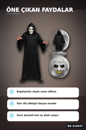 Korku Kostümü Maskeli 140 cm Yetişkin Parti Kıyafeti Seti, Siyah Elbise BX-316937