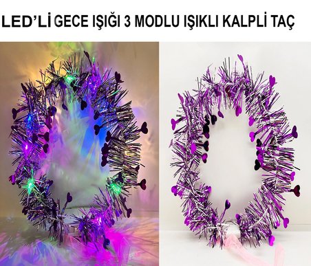 Kalp Püsküllü Gece Parıltısı 3 Modlu Led&amp;apos;li Işıklı Taç Mor Renk Bx40
