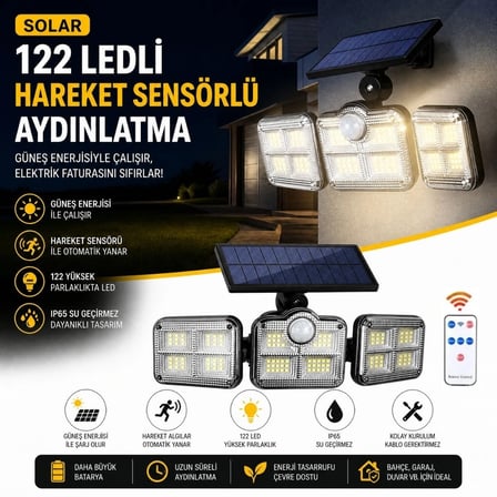 3&amp;apos;lü 122 Ledli Güneş Enerjili Hareket Sensörlü Aydınlatma, Dış Mekan Duvar Ve Bahçe Lambası