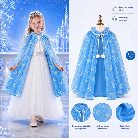Kar Tanesi Desenli Mavi Elsa Pelerini - Astarlı Frozen Pelerini 85 Cm Bx40