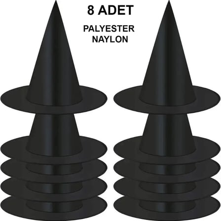 8 Adet Siyah Cadı Şapkası – Yetişkin &amp;amp;amp; Çocuk Kostüm Aksesuarı Bx40