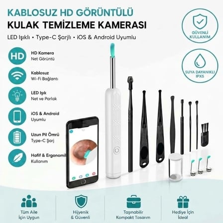 Beyaz Kablosuz Hd Görüntülü Kulak Temizleme Kamerası, Led Işıklı Type-c Şarjlı İos Ve Android Uyumlu