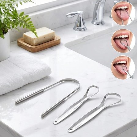 3&amp;apos;lü Paslanmaz Çelik Dil Temizleyici Seti –  Ergonomik Dil Kazıyıcı Ve Ağız Bakım Aparatları Seti Bx40