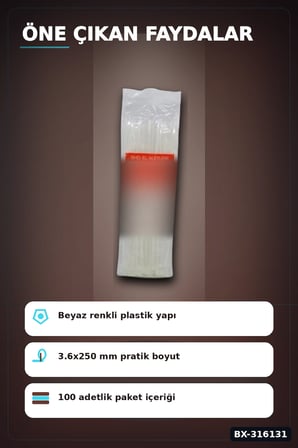 Kablo Bağı Plastik Cırt Kelepçe Beyaz 3.6x250 mm Düzenleyici Paket 100 Adet BX-316131