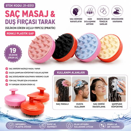 Silikon Uçlu Pratik Saç Masaj - Duş Fırçası Bx40