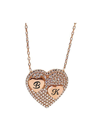 Kişiye Özel Harfli Kalpli Rose Renk  Gümüş Kolye