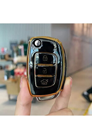 Hyundai Bayon I20 I10 I30 IX35 Elantra Accent Tuscon Sustalı Anahtar Kılıfı Siyah-Gold
