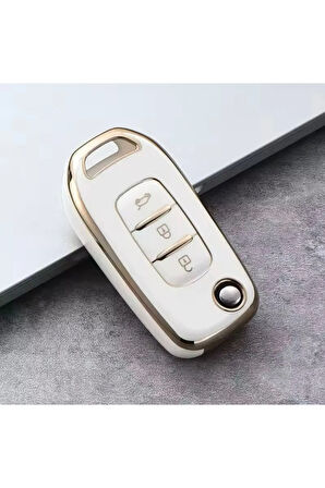 Renault Megane 4 Clio 5 Kadjar Captur Sustalı Anahtar Kılıfı Beyaz-Gold