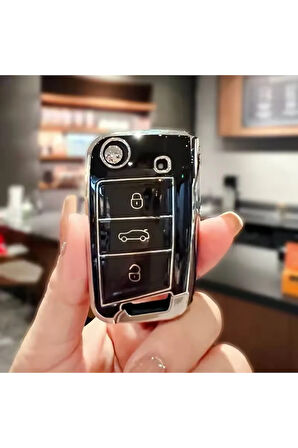 Skoda Octavia A7 Rapid Scala Kamiq Karoq Siyah-Silver Anahtar Kılıfı