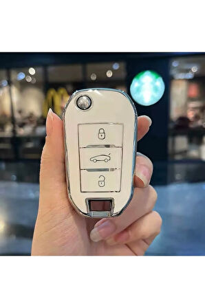Citroen C2 Beyaz-Silver Sustalı Anahtar Kılıfı