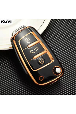 Audi A1 A3 A4 A6 A7 Q2 Q3 Q5 Siyah-Gold Anahtar Kılıfı