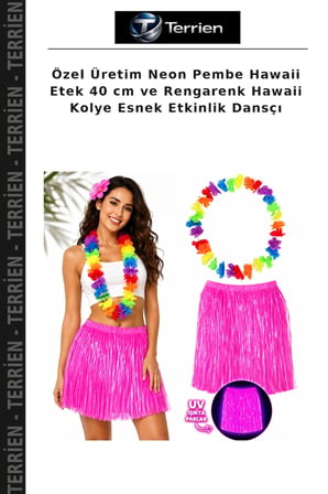 Özel Üretim Neon Pembe Hawaii Etek 40 cm ve Rengarenk Hawaii Kolye Esnek Etkinlik Dansçı