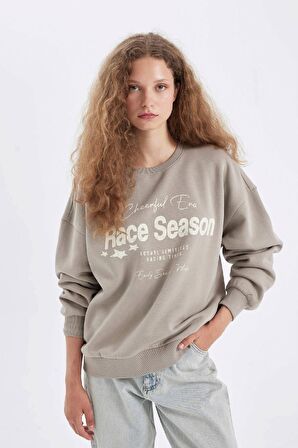 Loose Fit Bisiklet Yaka Baskılı Kalın Kumaş Sweatshirt