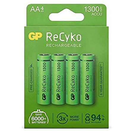 Gp Batteries Recyko+ 1300 Aa Kalem Ni-Mh Şarjlı Pil, 1.2 Volt, 4'Lü Kart