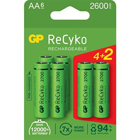 GP 6'lı (4+2) ReCyko 2700 Serisi Ni-Mh Şarj Edilebilir AA Kalem Pil (GP270AAHCE4/2BB-P6)