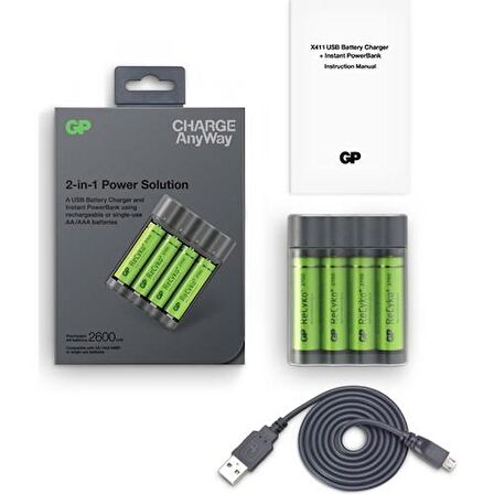 GP Pil Şarj Cihazı + Anlık Powerbank ve Recyko+ 4 Adet 2700 Aa Kalem Pilli Set