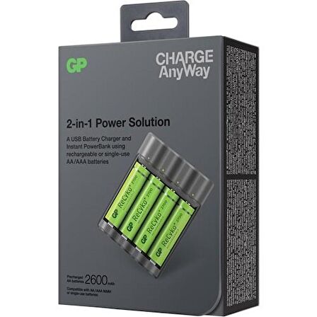 GP Pil Şarj Cihazı + Anlık Powerbank ve Recyko+ 4 Adet 2700 Aa Kalem Pilli Set