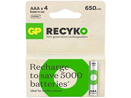 GP Batteries ReCyko 650 AAA İnce Kalem Ni-Mh Şarjlı Pil, 1.2 Volt, 4'lü Kart