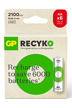 Recyko 2100 mAh AA Kalem Ni-mh Şarjlı Pil, 1.2 Volt, 6'lı Kart