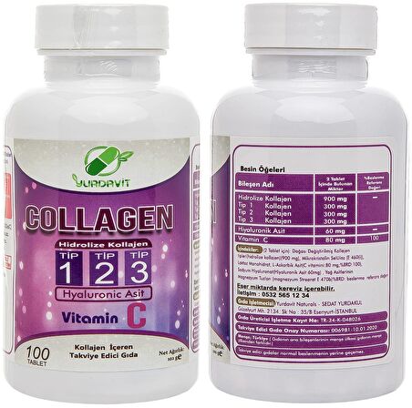 Yurdavit Hidrolize Collagen Kolajen Type 1-2-3 100 Tb Zinc Gluconate Çinko Glukonat 120 Tablet