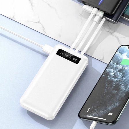 10000 mAh Powerbank 4’ü 1 Arada Kablolu Taşınabilir Şarj Cihazı Dijital Göstergeli Type-C Micro USB Lightning USB-A Uyumlu
