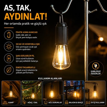 Şarj Edilebilir LED Kamp Lambası 3 Kademeli Sıcak Işık Asma Kancalı Taşınabilir Çadır ve Acil Durum Lambası