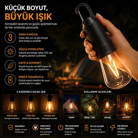 Şarj Edilebilir LED Kamp Lambası 3 Kademeli Sıcak Işık Asma Kancalı Taşınabilir Çadır ve Acil Durum Lambası