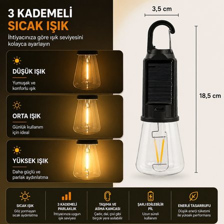 Şarj Edilebilir LED Kamp Lambası 3 Kademeli Sıcak Işık Asma Kancalı Taşınabilir Çadır ve Acil Durum Lambası