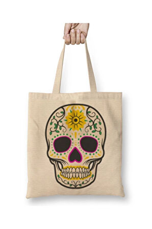 Desenli Kuru Kafa Beyaz Bez Çanta Uzun Saplı Alışveriş Çantası Plaj Çantası